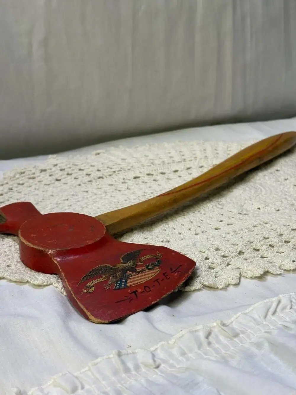 Vintage Fraternal Lodge Ceremonial Wooden Axe with Eagle Motif